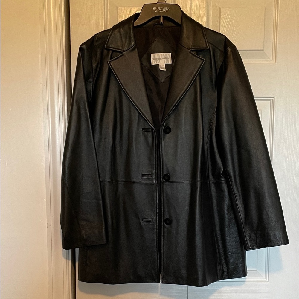 Women’s XL Worthington black leather coat/blazer-collar 3 button-front pockets - Picture 4 of 10